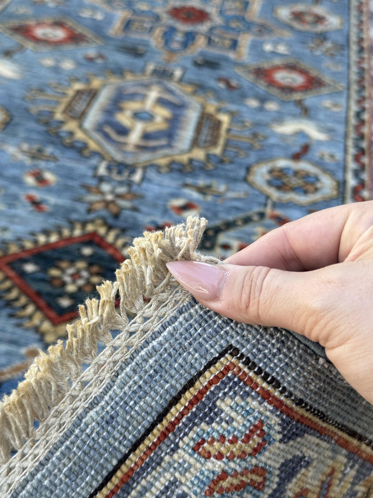 3x12 Handmade Afghan Wool Runner Rug | Powder Blue Tribal Geometric Hallway Runner | Ivory Border with Red Accents | Hand-Knotted Carpet
