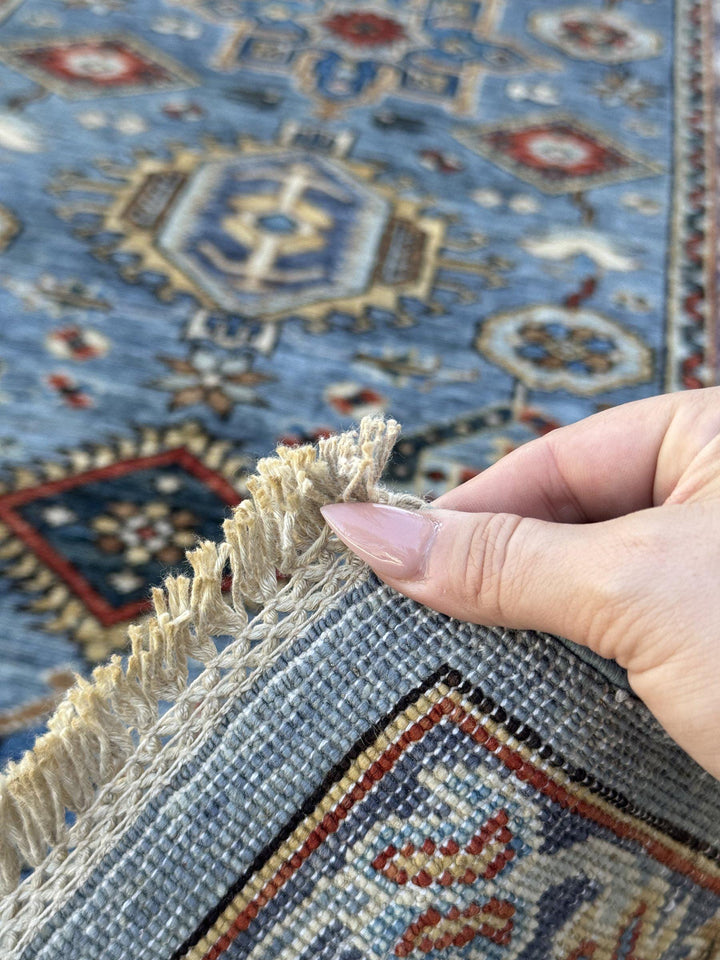 3x12 Handmade Afghan Wool Runner Rug | Powder Blue Tribal Geometric Hallway Runner | Ivory Border with Red Accents | Hand-Knotted Carpet