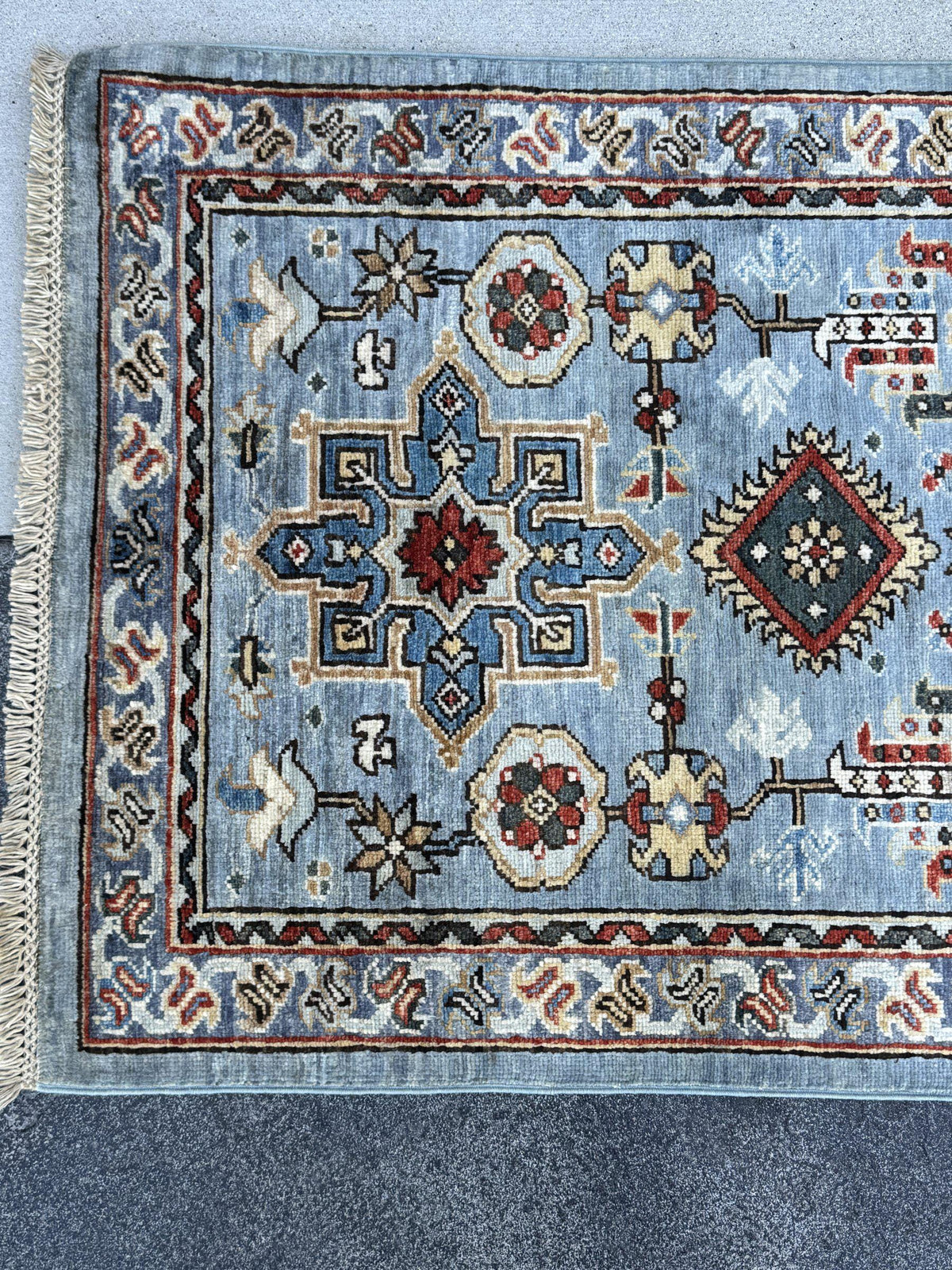3x12 Handmade Afghan Wool Runner Rug | Powder Blue Tribal Geometric Hallway Runner | Ivory Border with Red Accents | Hand-Knotted Carpet