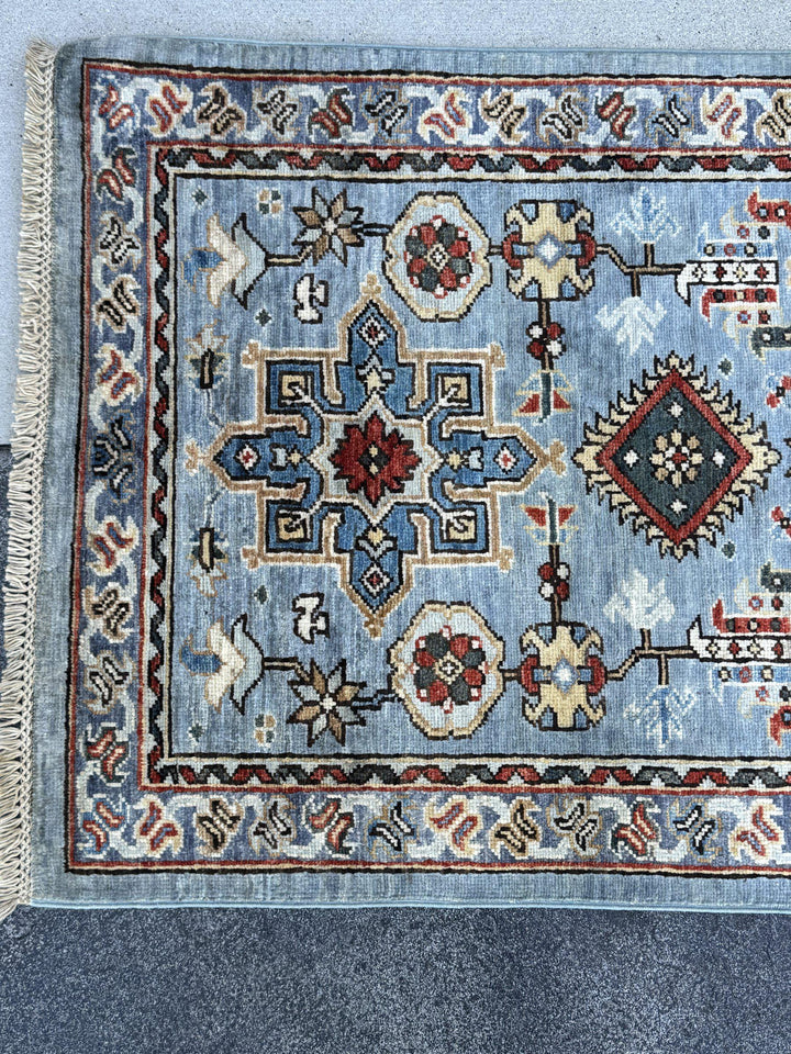 3x12 Handmade Afghan Wool Runner Rug | Powder Blue Tribal Geometric Hallway Runner | Ivory Border with Red Accents | Hand-Knotted Carpet