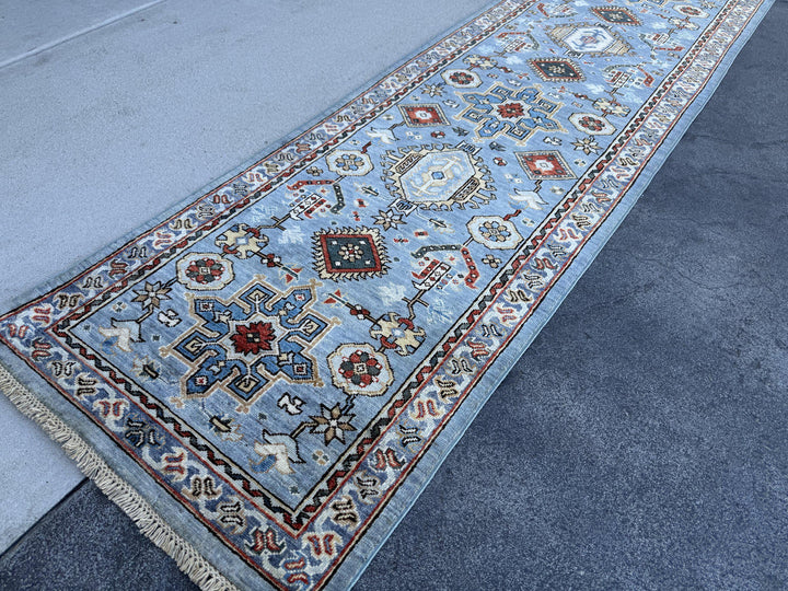 3x12 Handmade Afghan Wool Runner Rug | Powder Blue Tribal Geometric Hallway Runner | Ivory Border with Red Accents | Hand-Knotted Carpet