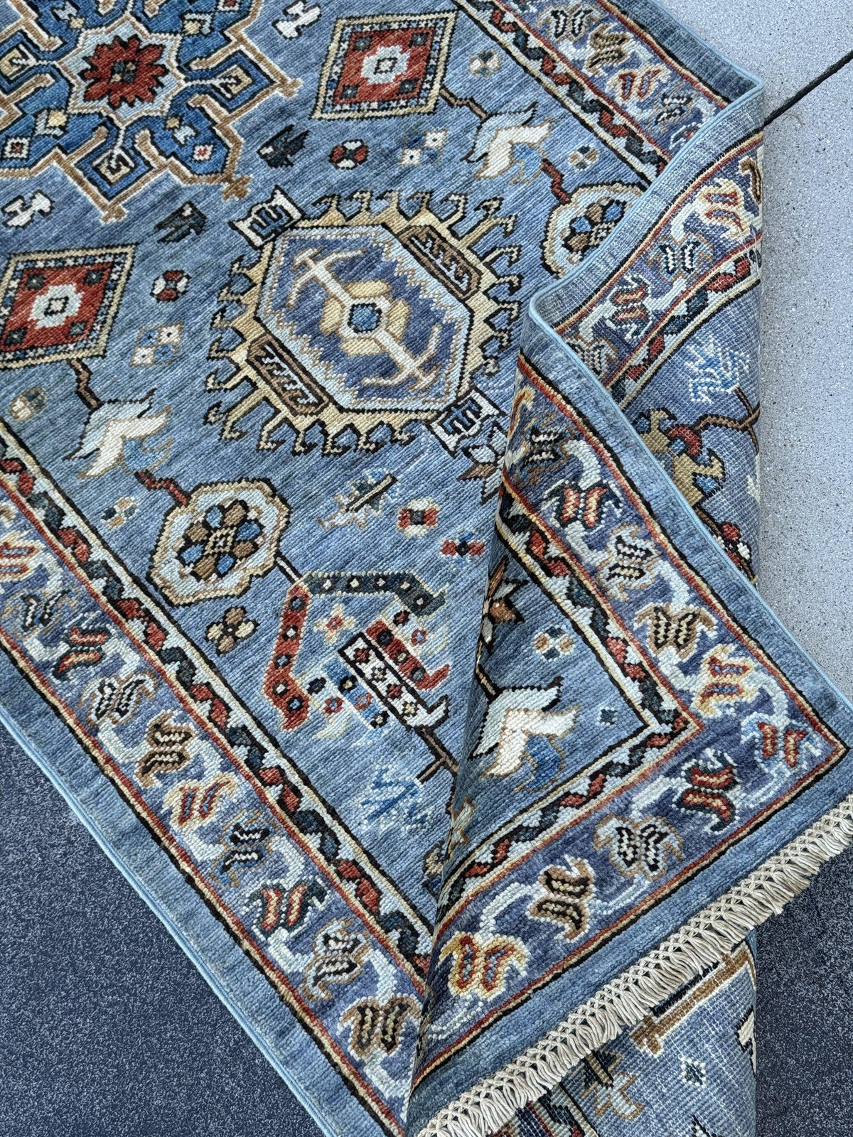 3x12 Handmade Afghan Wool Runner Rug | Powder Blue Tribal Geometric Hallway Runner | Ivory Border with Red Accents | Hand-Knotted Carpet