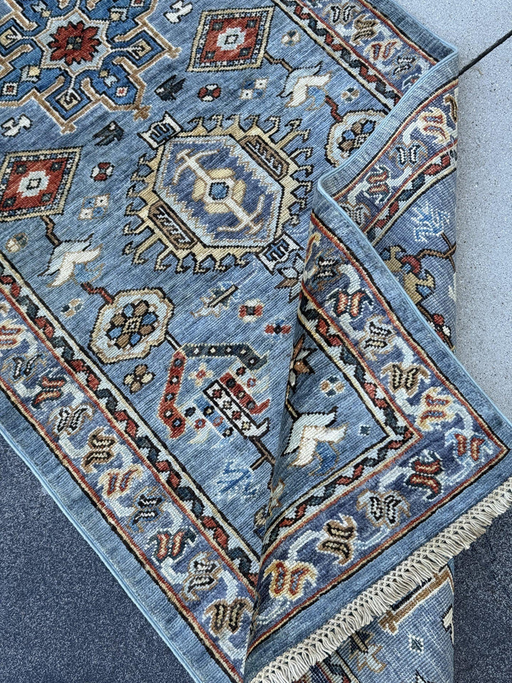3x12 Handmade Afghan Wool Runner Rug | Powder Blue Tribal Geometric Hallway Runner | Ivory Border with Red Accents | Hand-Knotted Carpet