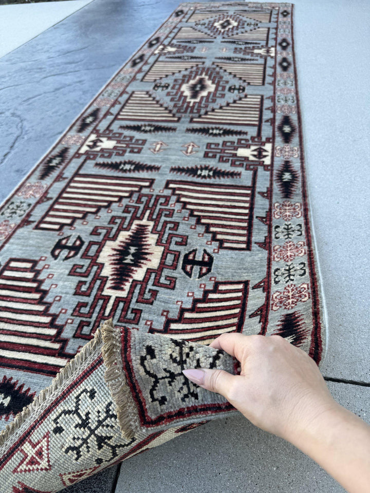 3x10 Handmade Afghan Wool Runner Rug | Slate Grey and Maroon Southwestern Geometric Hallway Runner | Ivory and Black | Hand-Knotted Carpet