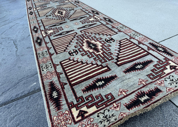 3x10 Handmade Afghan Wool Runner Rug | Slate Grey and Maroon Southwestern Geometric Hallway Runner | Ivory and Black | Hand-Knotted Carpet