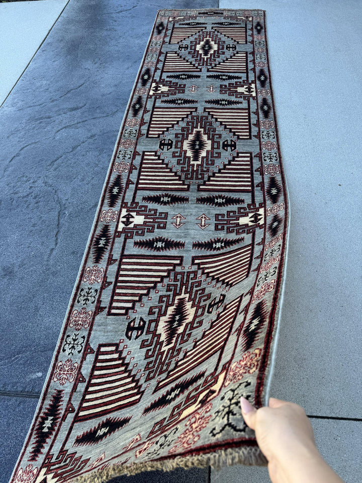 3x10 Handmade Afghan Wool Runner Rug | Slate Grey and Maroon Southwestern Geometric Hallway Runner | Ivory and Black | Hand-Knotted Carpet