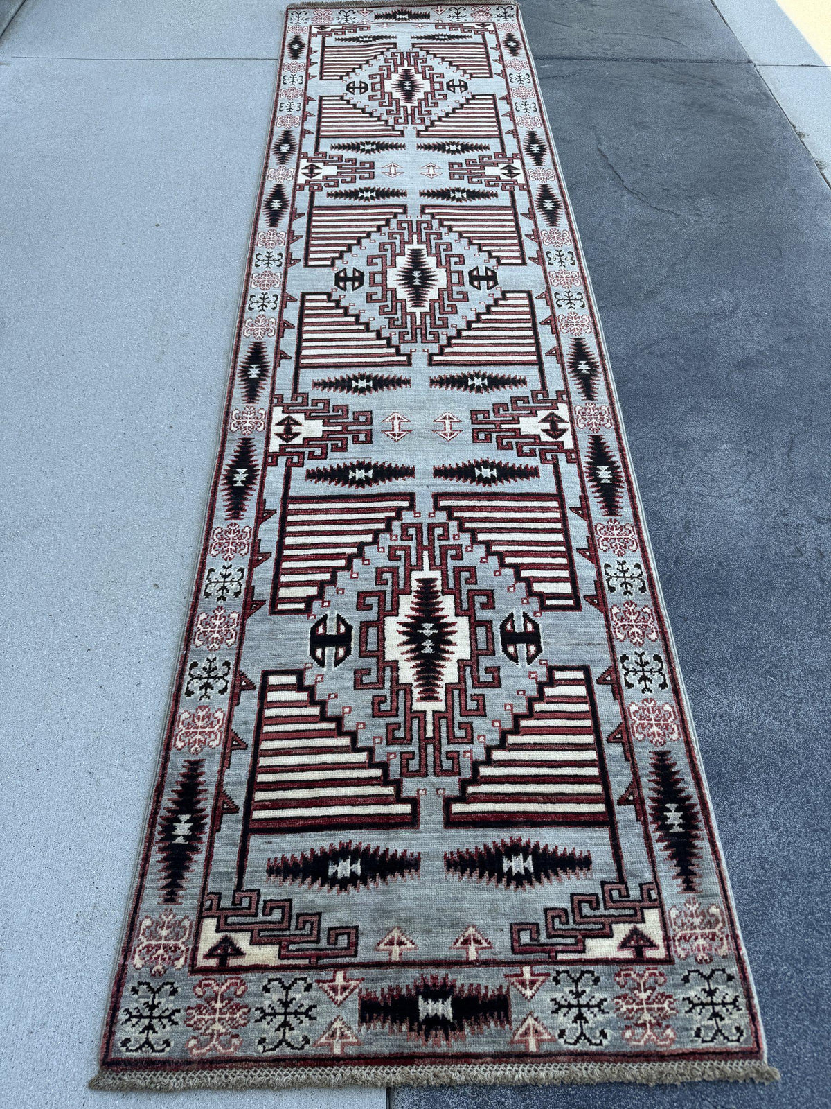 3x10 Handmade Afghan Wool Runner Rug | Slate Grey and Maroon Southwestern Geometric Hallway Runner | Ivory and Black | Hand-Knotted Carpet