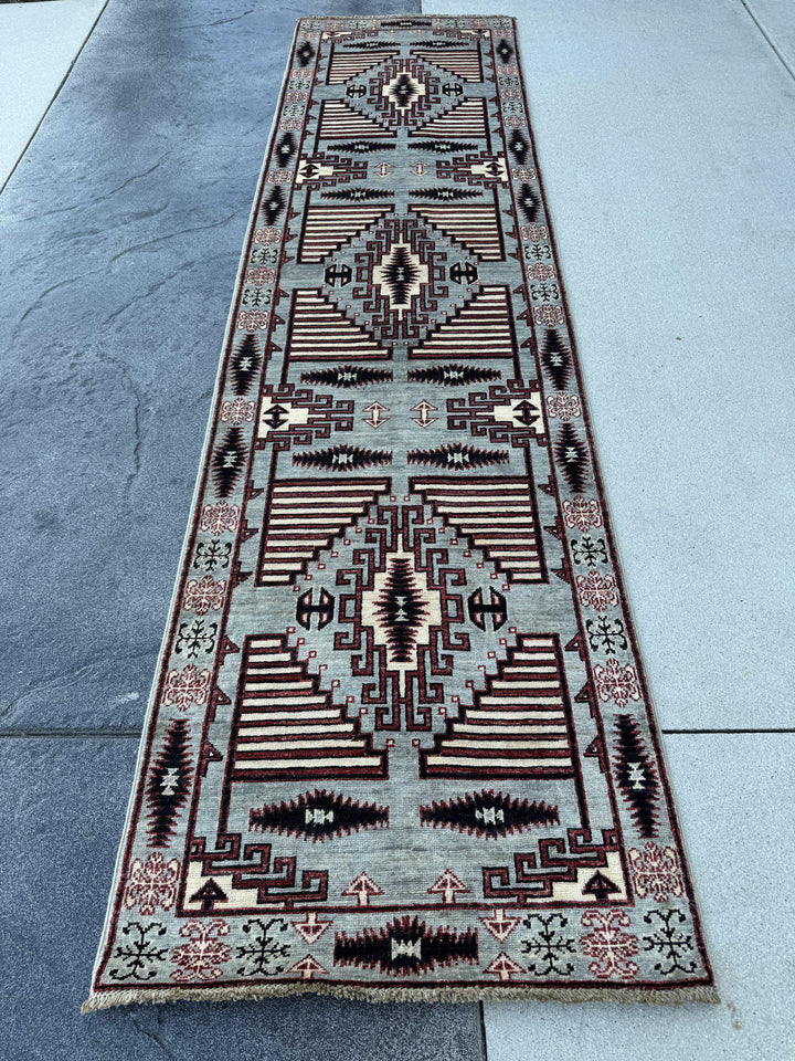 3x10 Handmade Afghan Wool Runner Rug | Slate Grey and Maroon Southwestern Geometric Hallway Runner | Ivory and Black | Hand-Knotted Carpet