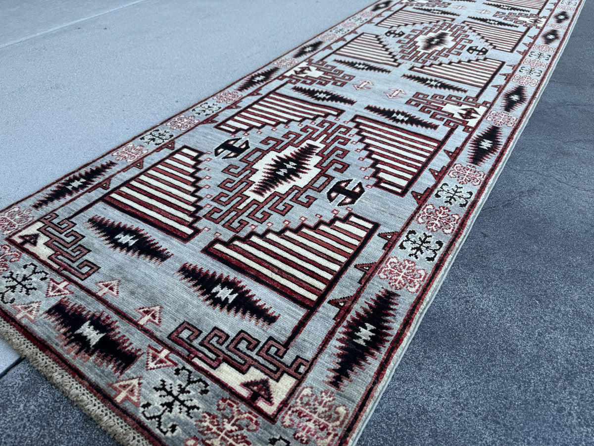 3x10 Handmade Afghan Wool Runner Rug | Slate Grey and Maroon Southwestern Geometric Hallway Runner | Ivory and Black | Hand-Knotted Carpet