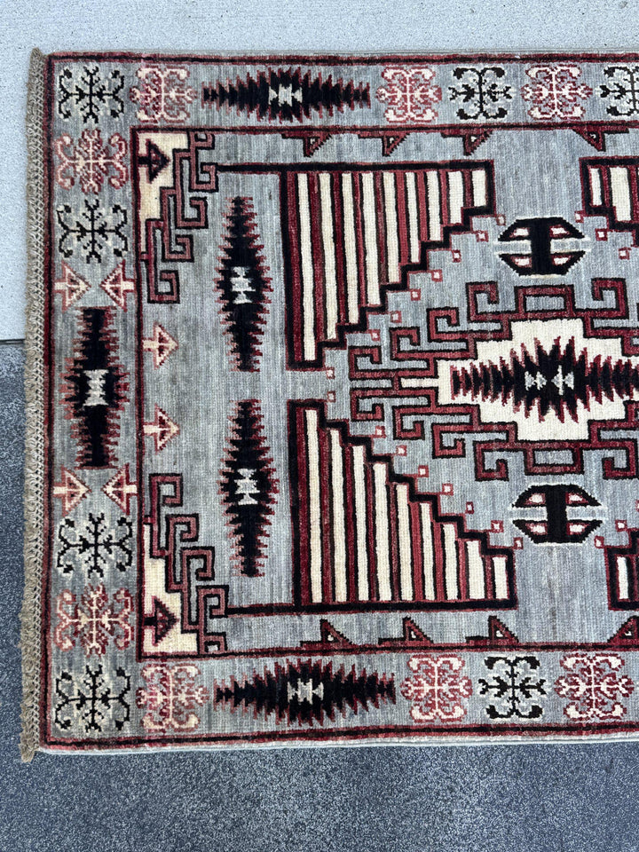 3x10 Handmade Afghan Wool Runner Rug | Slate Grey and Maroon Southwestern Geometric Hallway Runner | Ivory and Black | Hand-Knotted Carpet