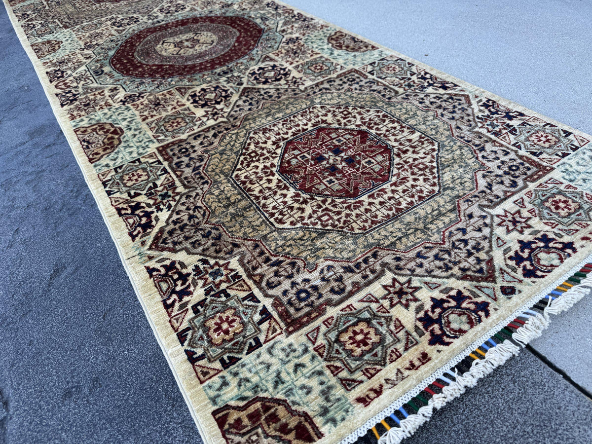 3x8 Handmade Afghan Wool Runner Rug | Cream and Brick Red Mamluk Medallion Hallway Runner | Sage Green and Navy | Hand-Knotted Carpet