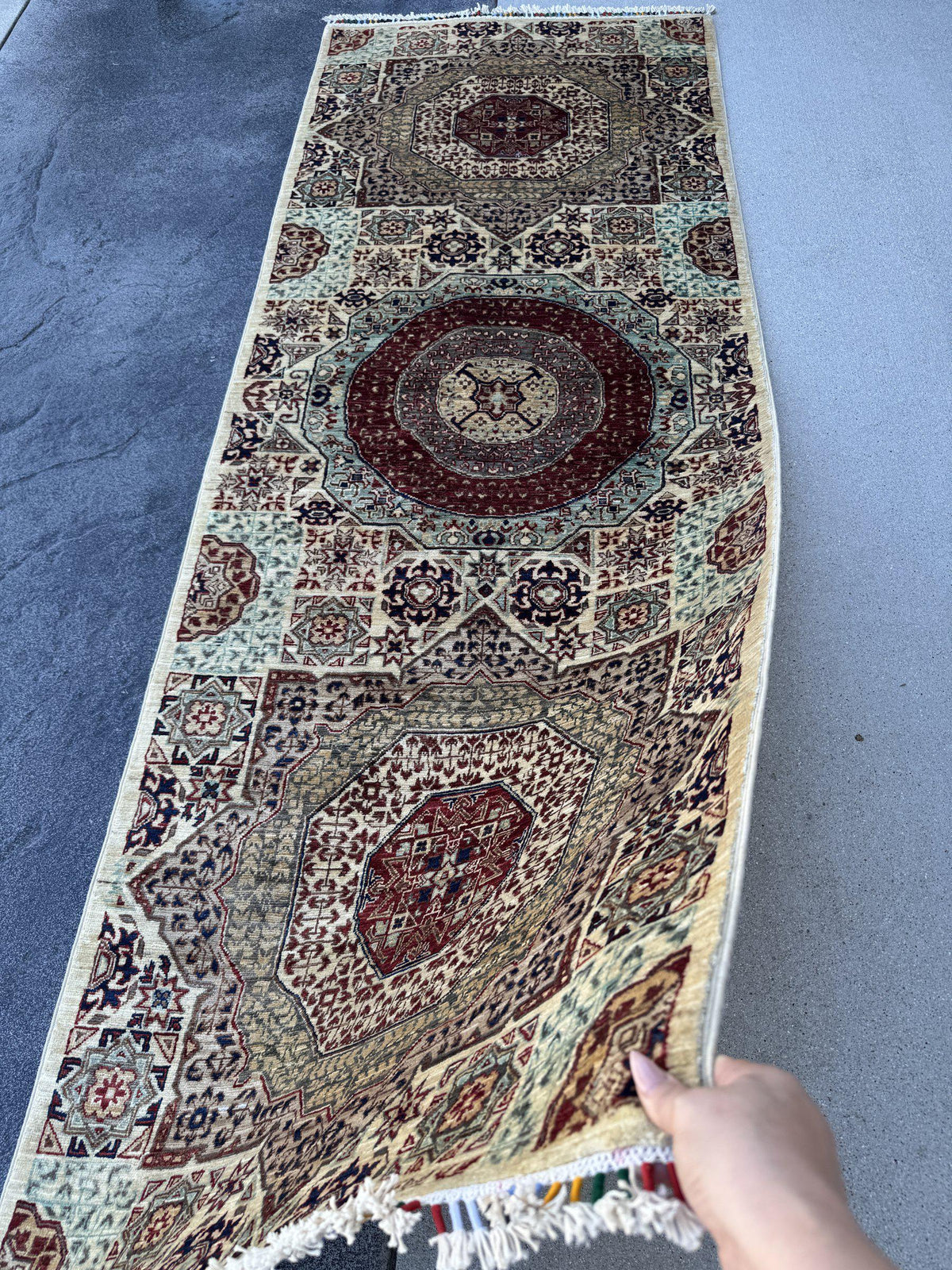 3x8 Handmade Afghan Wool Runner Rug | Cream and Brick Red Mamluk Medallion Hallway Runner | Sage Green and Navy | Hand-Knotted Carpet