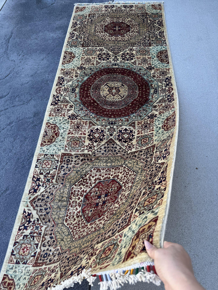 3x8 Handmade Afghan Wool Runner Rug | Cream and Brick Red Mamluk Medallion Hallway Runner | Sage Green and Navy | Hand-Knotted Carpet