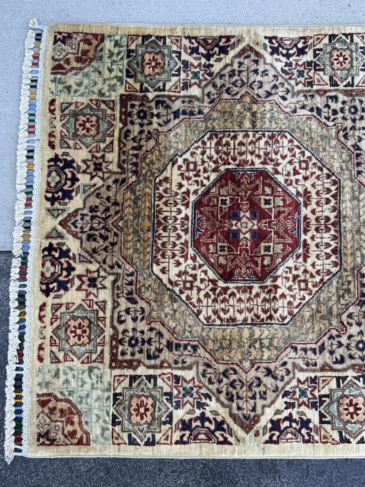 3x8 Handmade Afghan Wool Runner Rug | Cream and Brick Red Mamluk Medallion Hallway Runner | Sage Green and Navy | Hand-Knotted Carpet