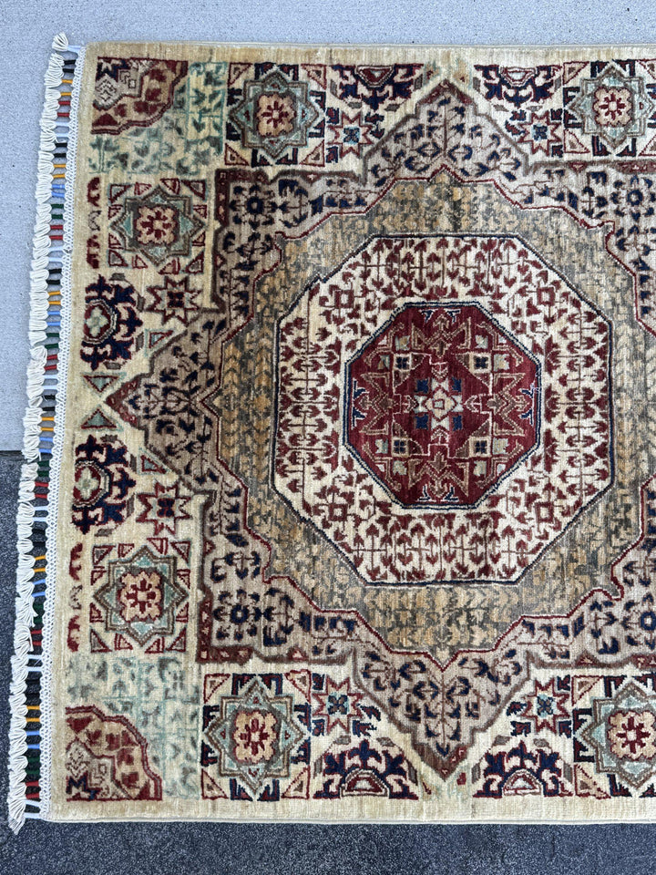 3x8 Handmade Afghan Wool Runner Rug | Cream and Brick Red Mamluk Medallion Hallway Runner | Sage Green and Navy | Hand-Knotted Carpet