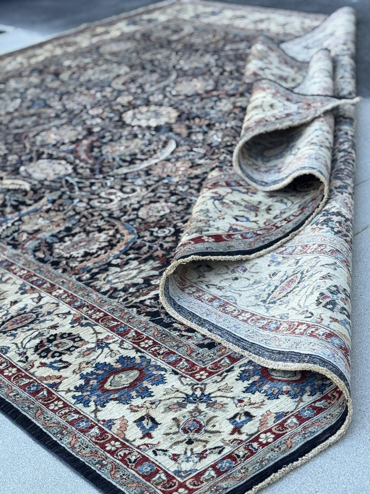 9x12 Handmade Afghan Wool Rug | Black Floral Garden Area Rug with Ivory Border | Red and Blue Accents | Hand-Knotted Traditional Carpet