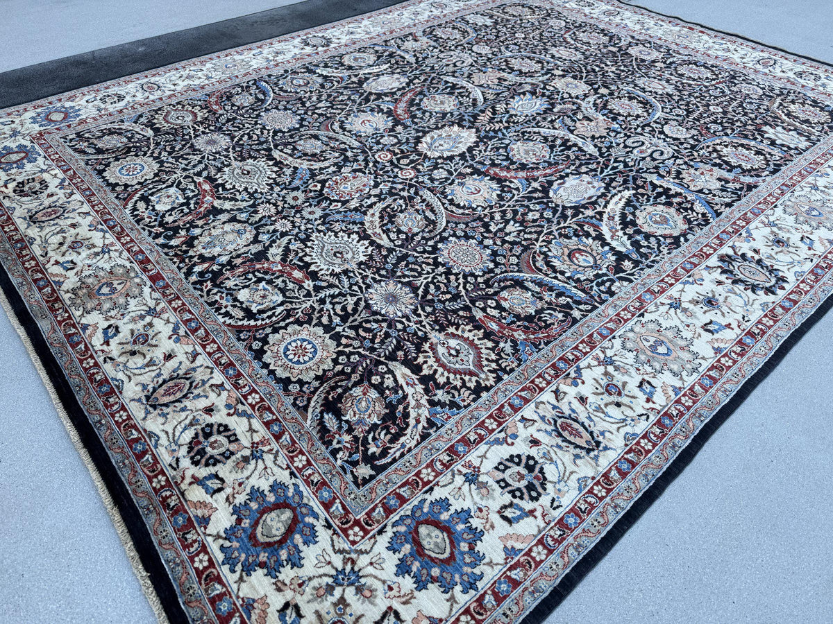 9x12 Handmade Afghan Wool Rug | Black Floral Garden Area Rug with Ivory Border | Red and Blue Accents | Hand-Knotted Traditional Carpet