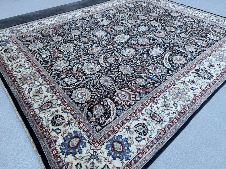 9x12 Handmade Afghan Wool Rug | Black Floral Garden Area Rug with Ivory Border | Red and Blue Accents | Hand-Knotted Traditional Carpet