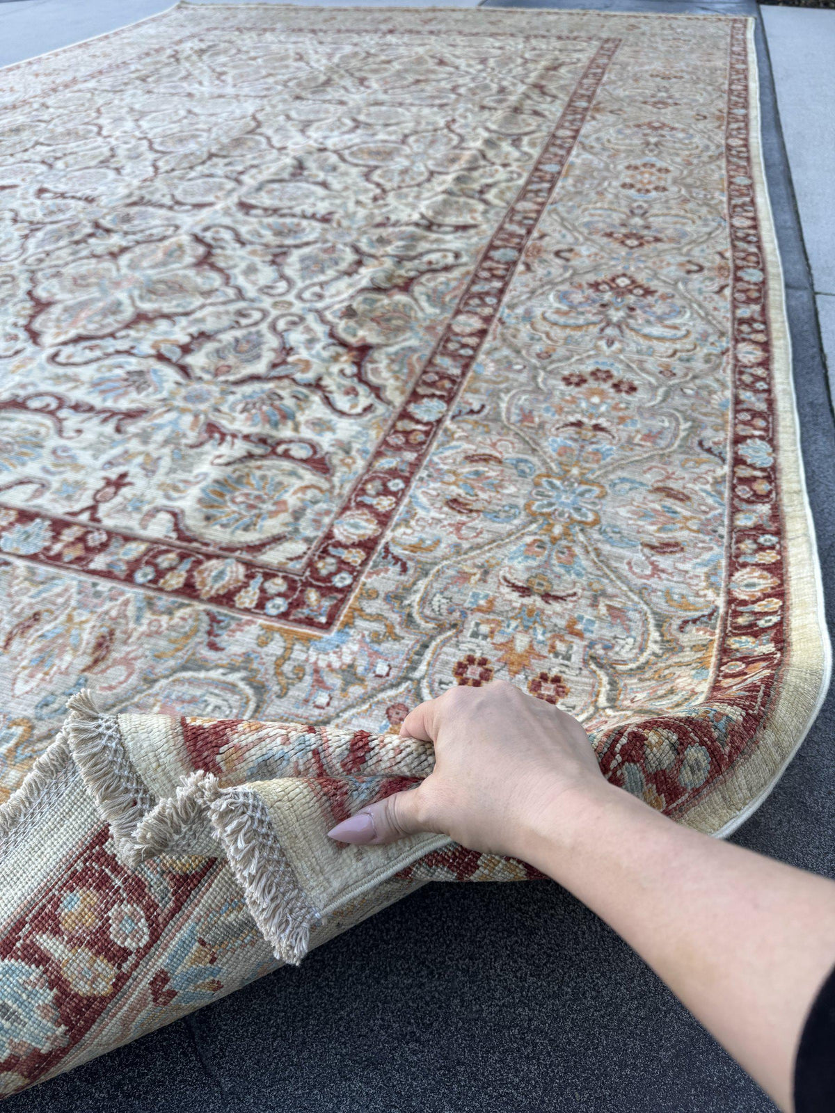 9x14 Handmade Afghan Wool Rug | Ivory Floral Lattice Oversized Area Rug | Maroon Border with Sky Blue and Gold | Hand-Knotted Carpet