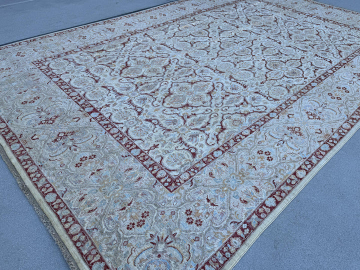 9x14 Handmade Afghan Wool Rug | Ivory Floral Lattice Oversized Area Rug | Maroon Border with Sky Blue and Gold | Hand-Knotted Carpet