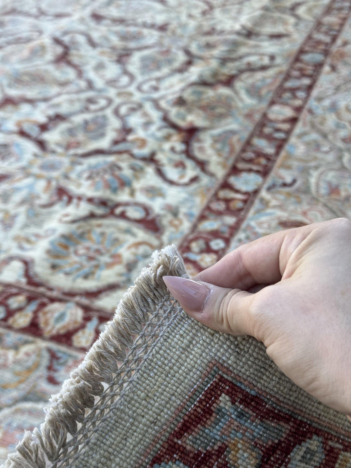 9x14 Handmade Afghan Wool Rug | Ivory Floral Lattice Oversized Area Rug | Maroon Border with Sky Blue and Gold | Hand-Knotted Carpet