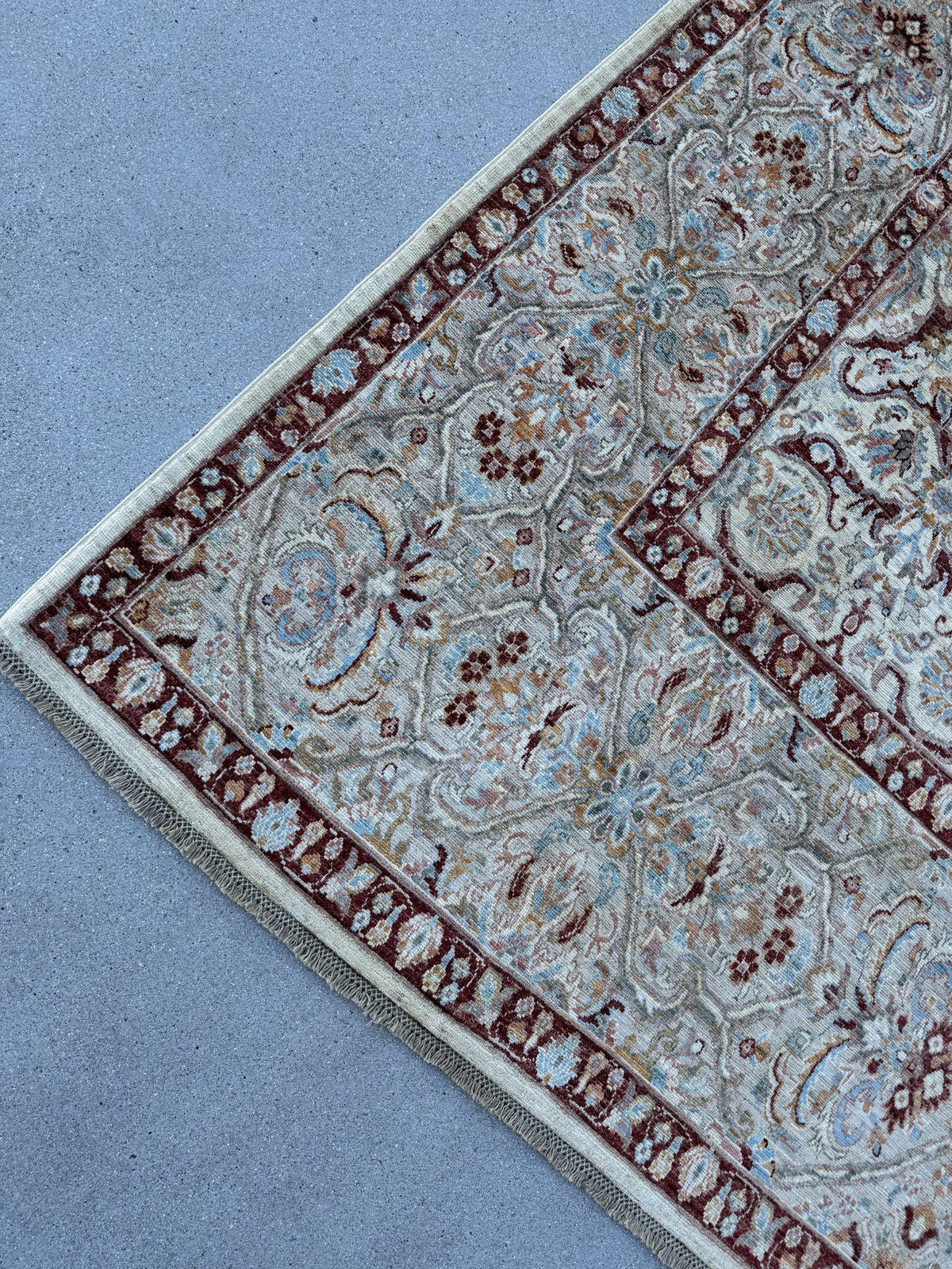 9x14 Handmade Afghan Wool Rug | Ivory Floral Lattice Oversized Area Rug | Maroon Border with Sky Blue and Gold | Hand-Knotted Carpet
