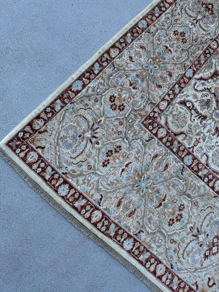 9x14 Handmade Afghan Wool Rug | Ivory Floral Lattice Oversized Area Rug | Maroon Border with Sky Blue and Gold | Hand-Knotted Carpet