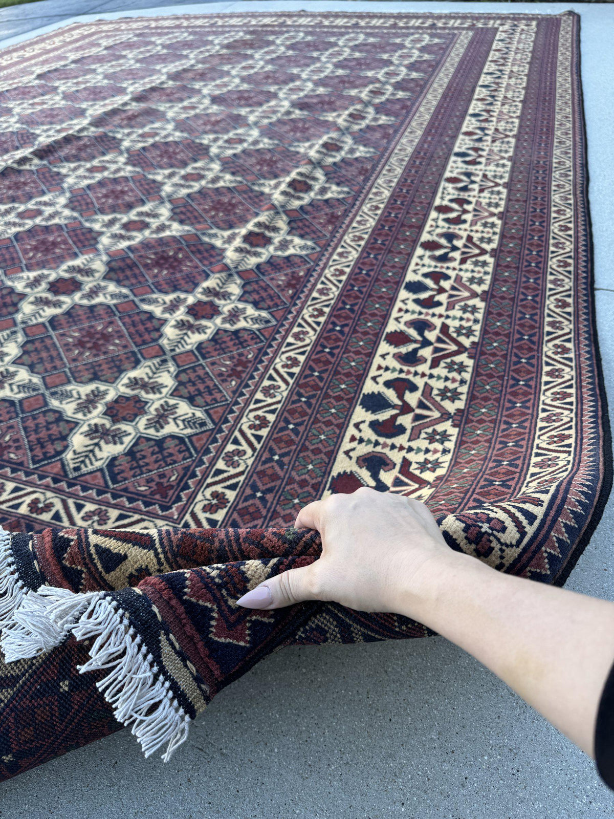10x13 Handmade Afghan Wool Rug | Burgundy and Cream Geometric Star Lattice Area Rug | Navy Accents | Hand-Knotted Tribal Carpet