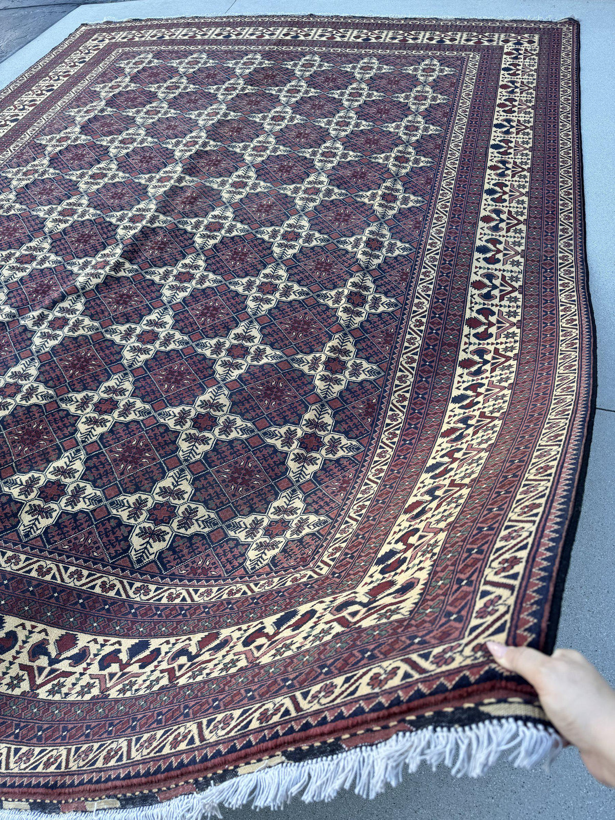 10x13 Handmade Afghan Wool Rug | Burgundy and Cream Geometric Star Lattice Area Rug | Navy Accents | Hand-Knotted Tribal Carpet