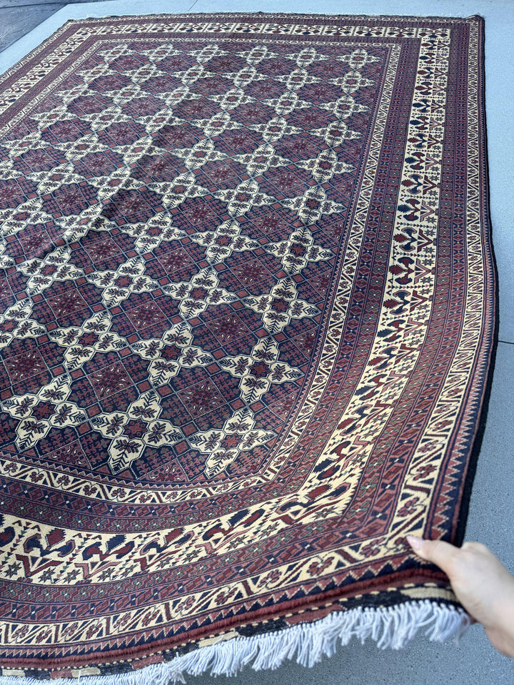 10x13 Handmade Afghan Wool Rug | Burgundy and Cream Geometric Star Lattice Area Rug | Navy Accents | Hand-Knotted Tribal Carpet