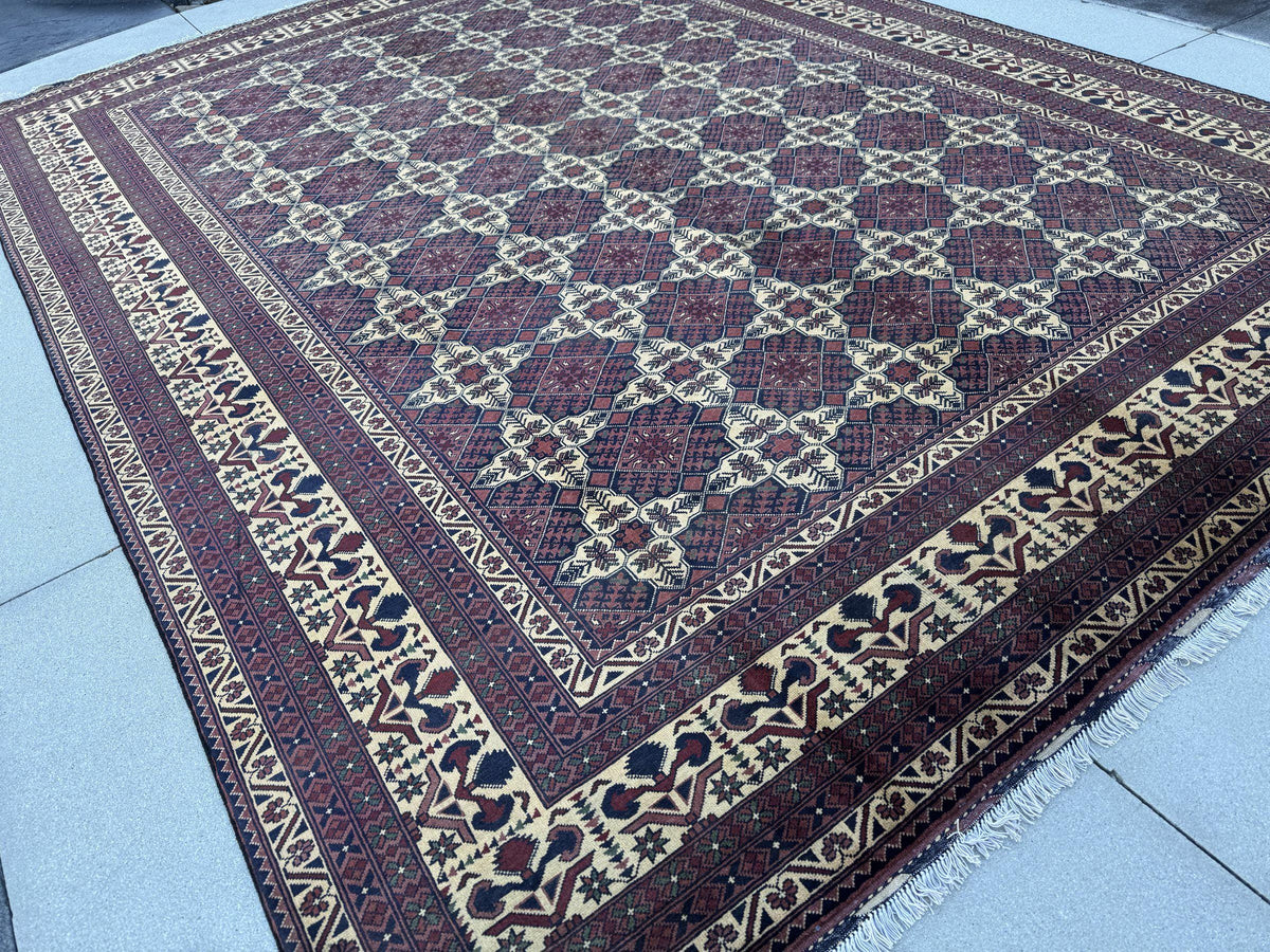10x13 Handmade Afghan Wool Rug | Burgundy and Cream Geometric Star Lattice Area Rug | Navy Accents | Hand-Knotted Tribal Carpet