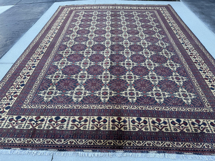 10x13 Handmade Afghan Wool Rug | Burgundy and Cream Geometric Star Lattice Area Rug | Navy Accents | Hand-Knotted Tribal Carpet