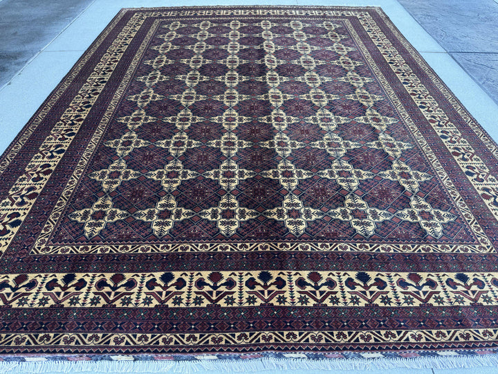 10x13 Handmade Afghan Wool Rug | Burgundy and Cream Geometric Star Lattice Area Rug | Navy Accents | Hand-Knotted Tribal Carpet