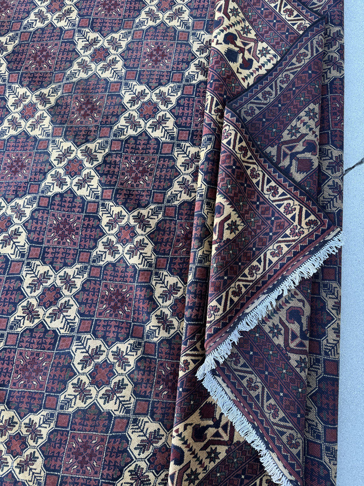 10x13 Handmade Afghan Wool Rug | Burgundy and Cream Geometric Star Lattice Area Rug | Navy Accents | Hand-Knotted Tribal Carpet