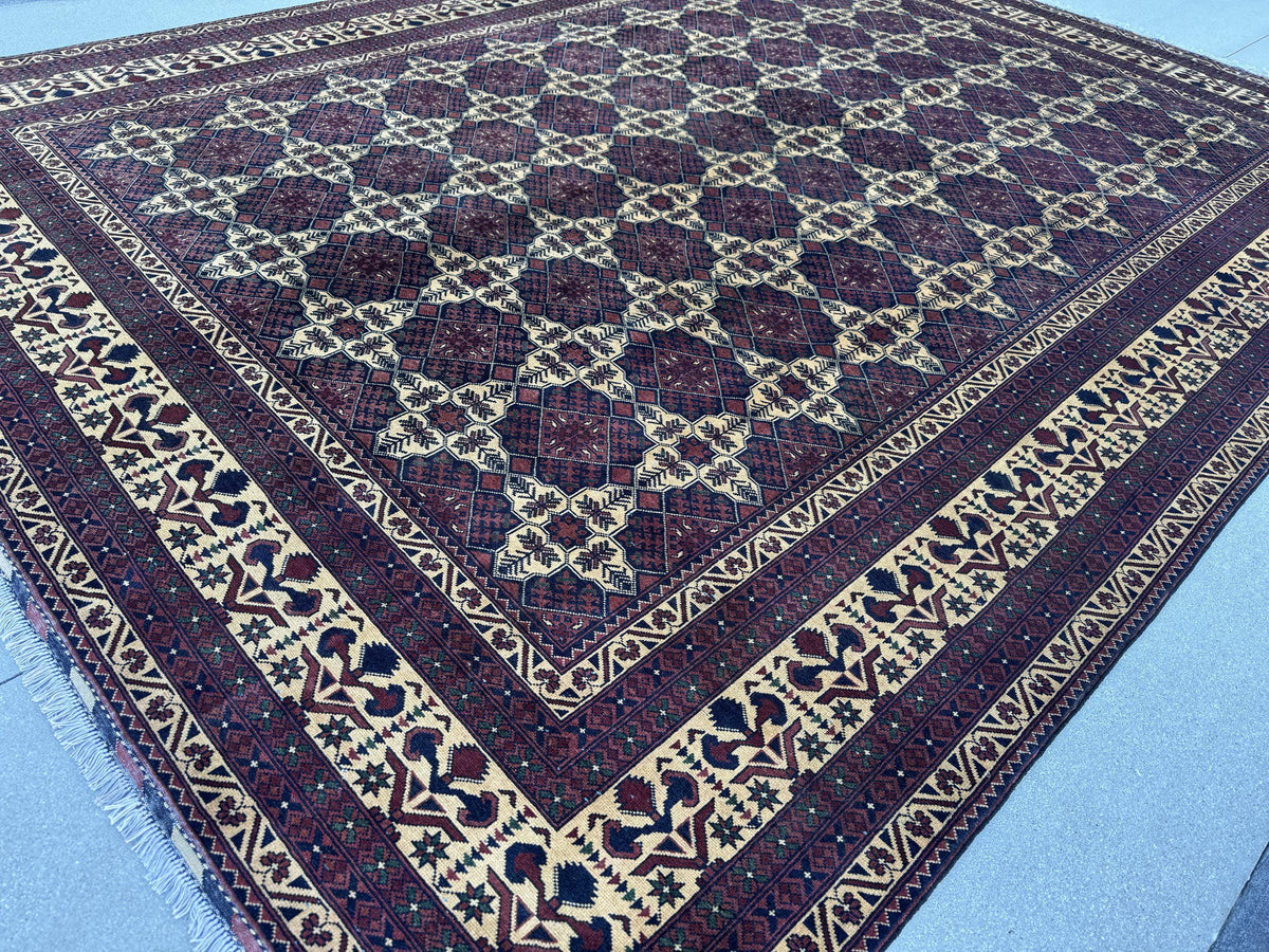 10x13 Handmade Afghan Wool Rug | Burgundy and Cream Geometric Star Lattice Area Rug | Navy Accents | Hand-Knotted Tribal Carpet