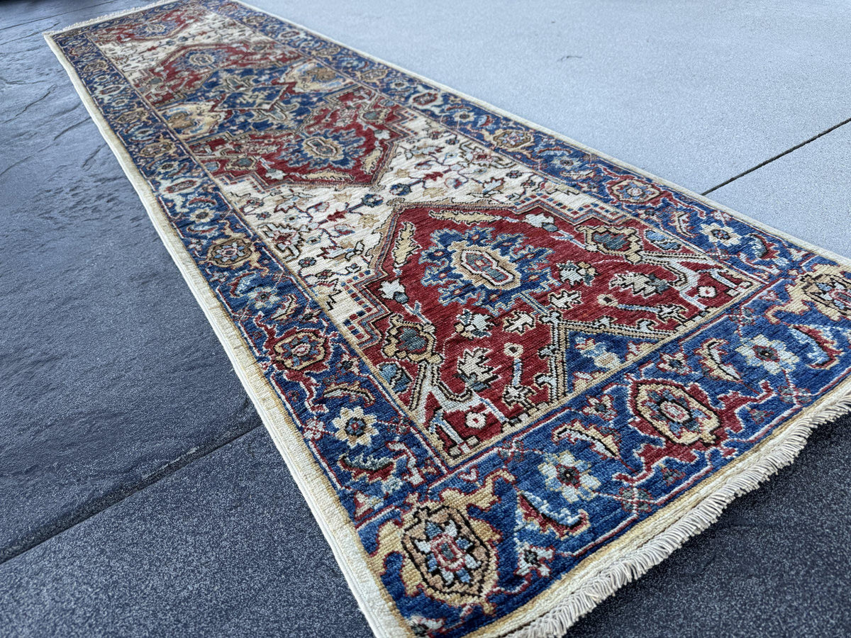 3x10 Handmade Afghan Wool Runner Rug | Red Medallion Hallway Runner on Ivory with Royal Blue Border | Hand-Knotted Traditional Carpet