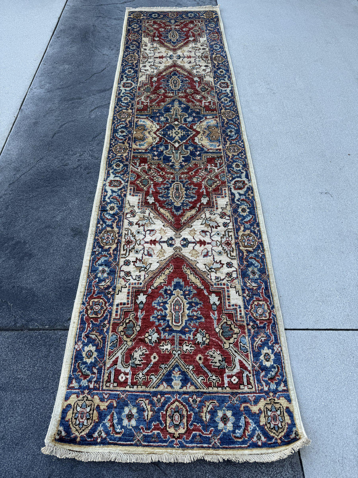 3x10 Handmade Afghan Wool Runner Rug | Red Medallion Hallway Runner on Ivory with Royal Blue Border | Hand-Knotted Traditional Carpet