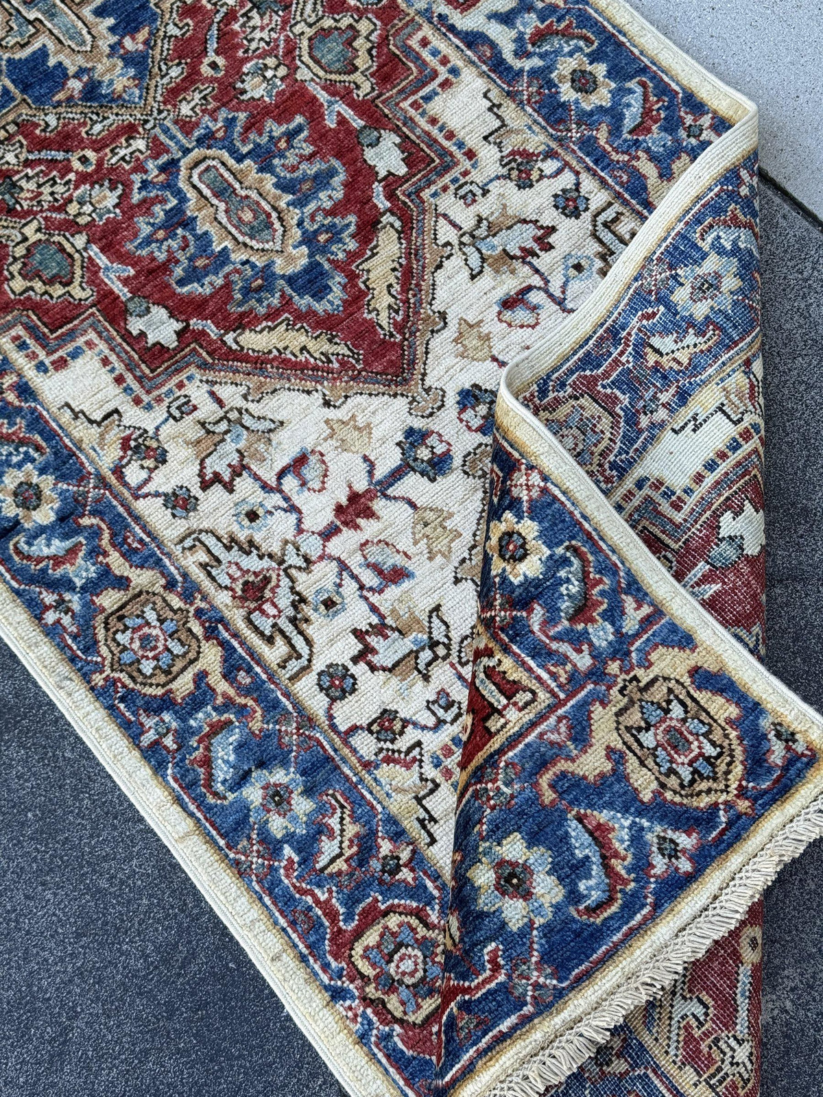 3x10 Handmade Afghan Wool Runner Rug | Red Medallion Hallway Runner on Ivory with Royal Blue Border | Hand-Knotted Traditional Carpet