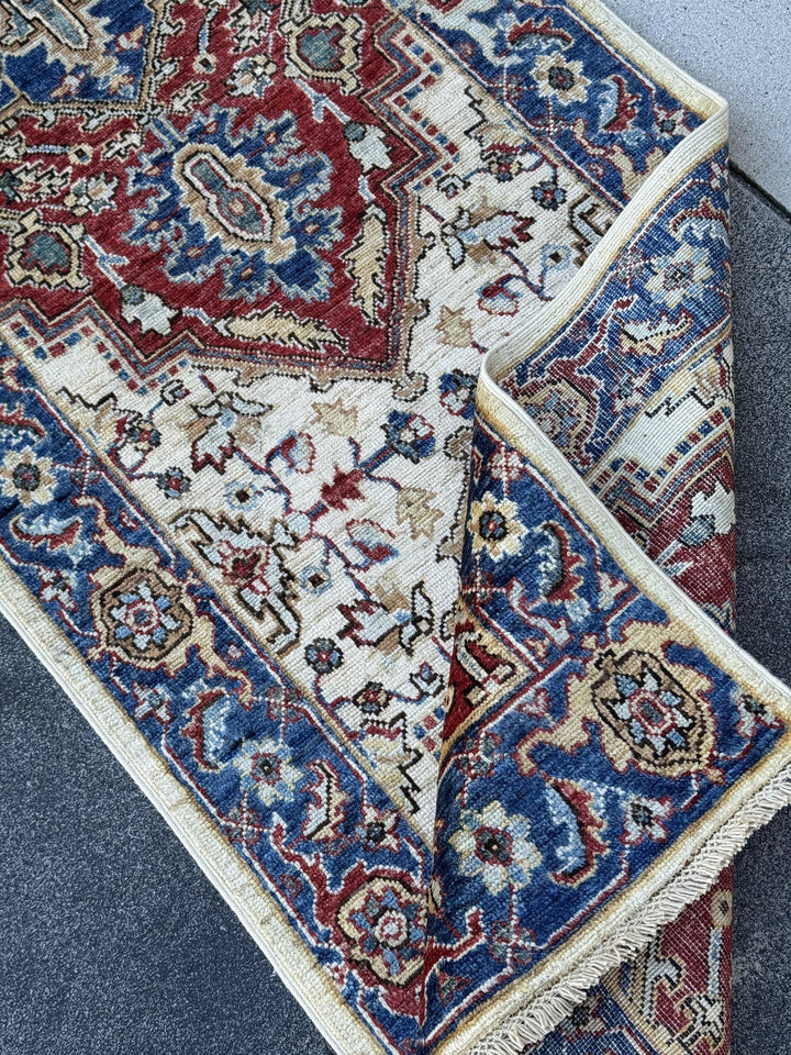 3x10 Handmade Afghan Wool Runner Rug | Red Medallion Hallway Runner on Ivory with Royal Blue Border | Hand-Knotted Traditional Carpet