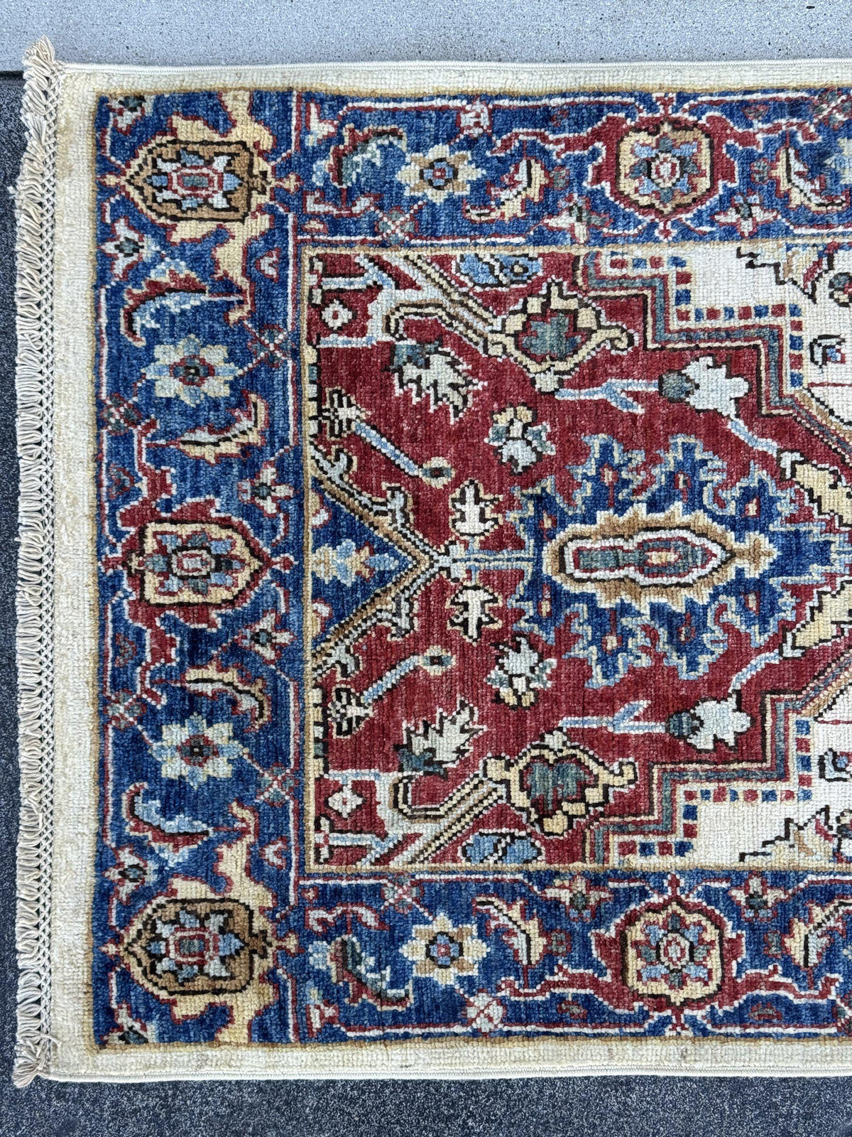 3x10 Handmade Afghan Wool Runner Rug | Red Medallion Hallway Runner on Ivory with Royal Blue Border | Hand-Knotted Traditional Carpet