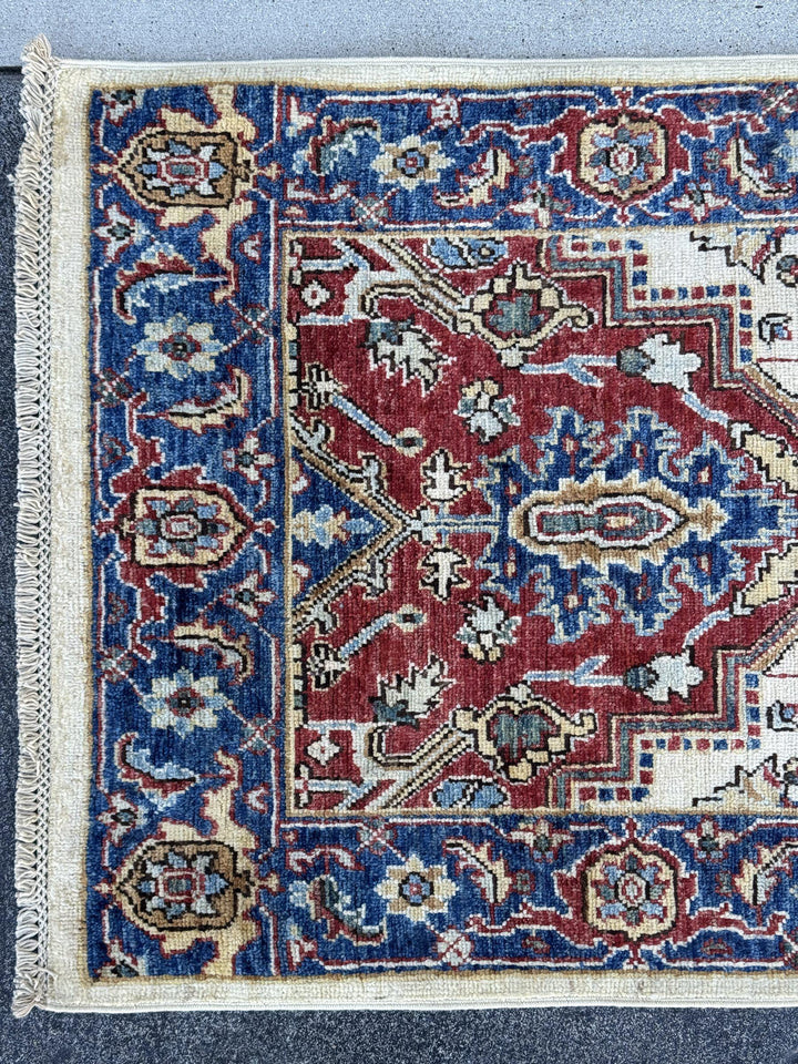 3x10 Handmade Afghan Wool Runner Rug | Red Medallion Hallway Runner on Ivory with Royal Blue Border | Hand-Knotted Traditional Carpet