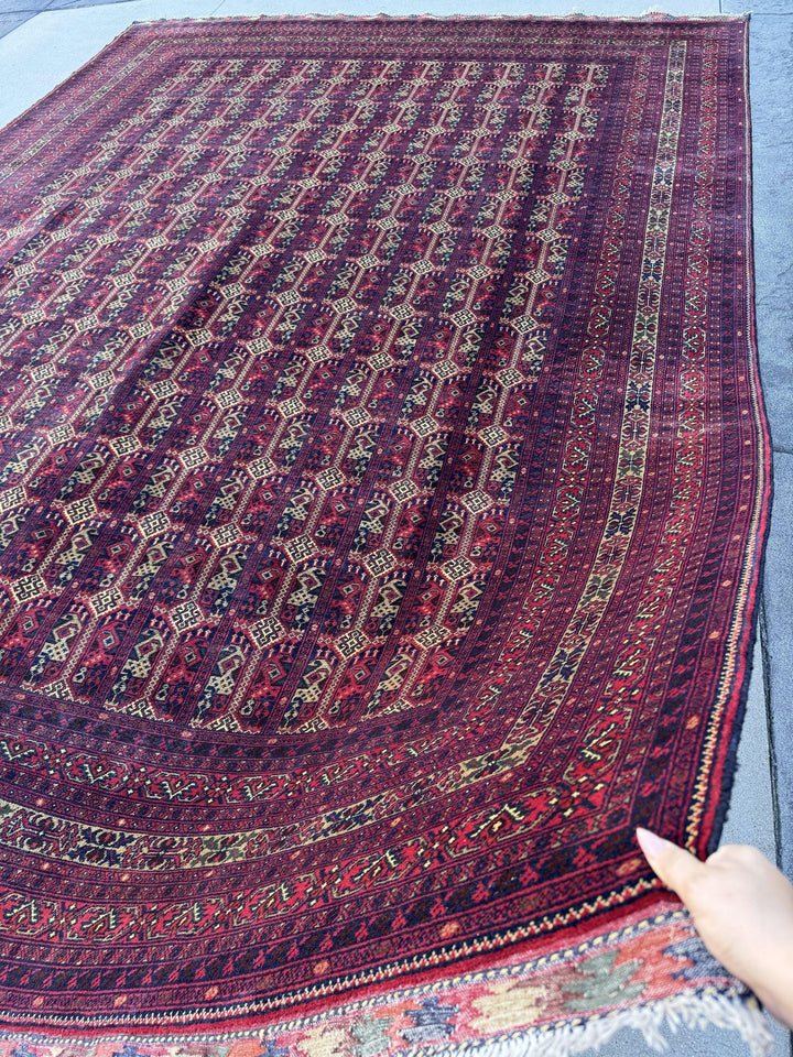 10x14 Handmade Afghan Wool Rug | Deep Burgundy and Eggplant Tribal Geometric Oversized Area Rug | Navy and Tan | Hand-Knotted Carpet