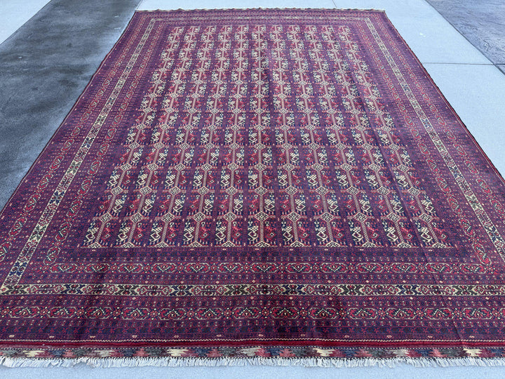 10x14 Handmade Afghan Wool Rug | Deep Burgundy and Eggplant Tribal Geometric Oversized Area Rug | Navy and Tan | Hand-Knotted Carpet