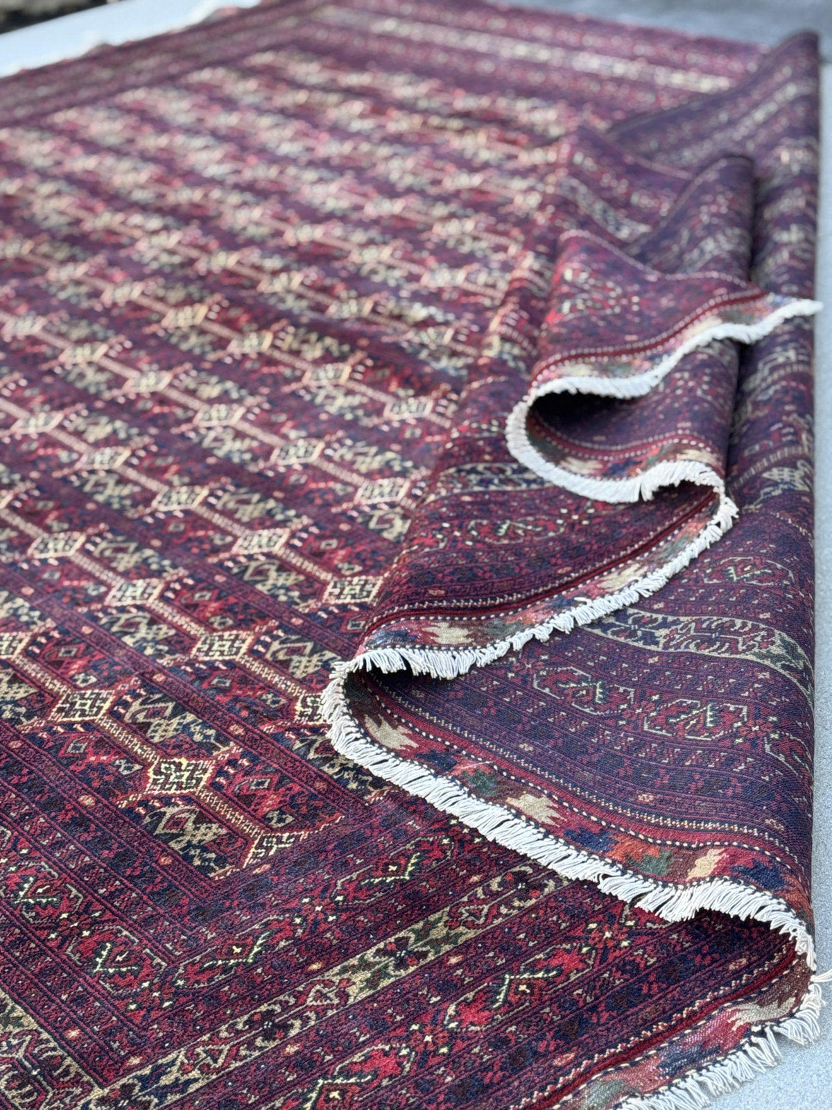 10x14 Handmade Afghan Wool Rug | Deep Burgundy and Eggplant Tribal Geometric Oversized Area Rug | Navy and Tan | Hand-Knotted Carpet