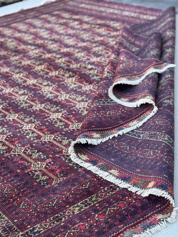 10x14 Handmade Afghan Wool Rug | Deep Burgundy and Eggplant Tribal Geometric Oversized Area Rug | Navy and Tan | Hand-Knotted Carpet