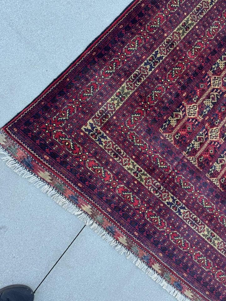 10x14 Handmade Afghan Wool Rug | Deep Burgundy and Eggplant Tribal Geometric Oversized Area Rug | Navy and Tan | Hand-Knotted Carpet