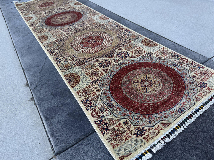 3x10 Handmade Afghan Wool Runner Rug | Cream and Rust Red Mamluk Medallion Hallway Runner | Olive and Navy | Hand-Knotted Fine Carpet