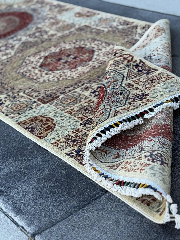 3x10 Handmade Afghan Wool Runner Rug | Cream and Rust Red Mamluk Medallion Hallway Runner | Olive and Navy | Hand-Knotted Fine Carpet