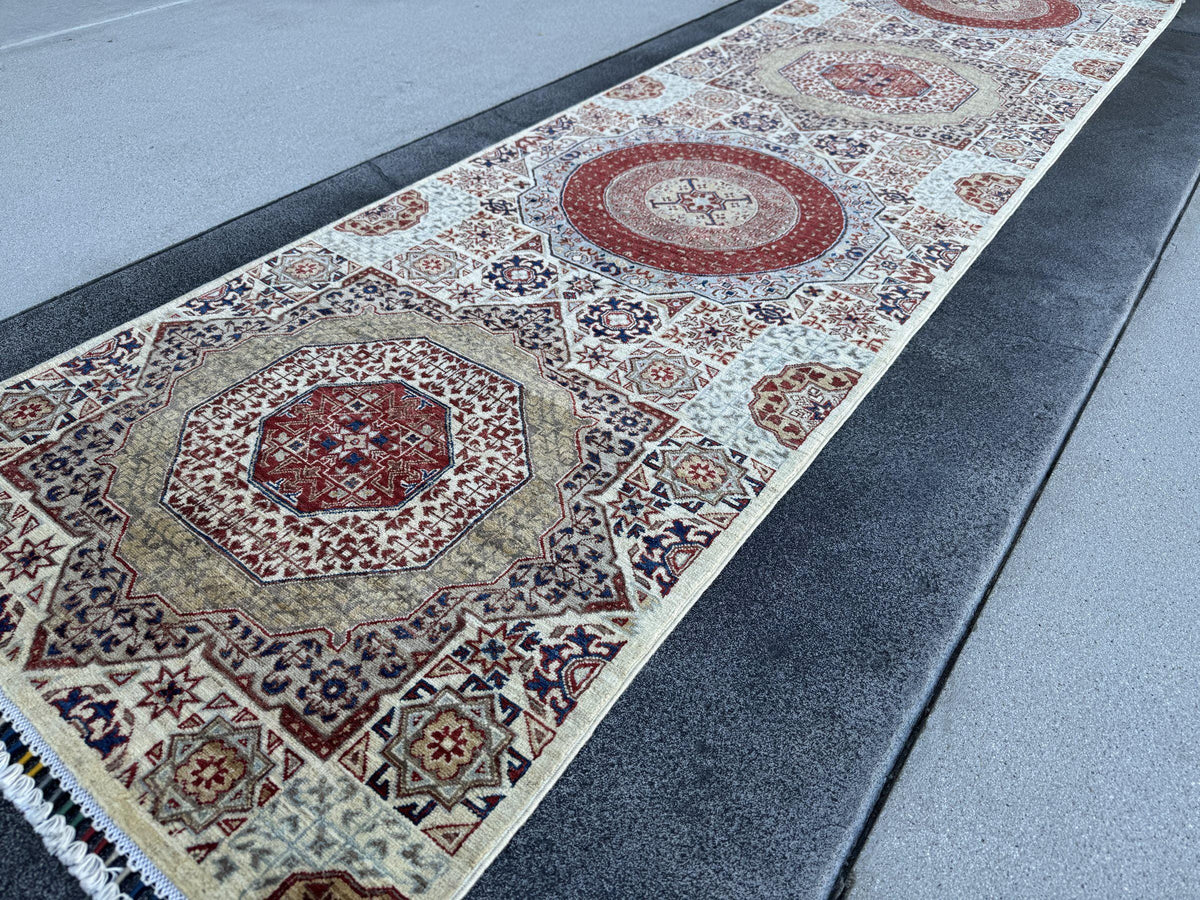 3x10 Handmade Afghan Wool Runner Rug | Cream and Rust Red Mamluk Medallion Hallway Runner | Olive and Navy | Hand-Knotted Fine Carpet