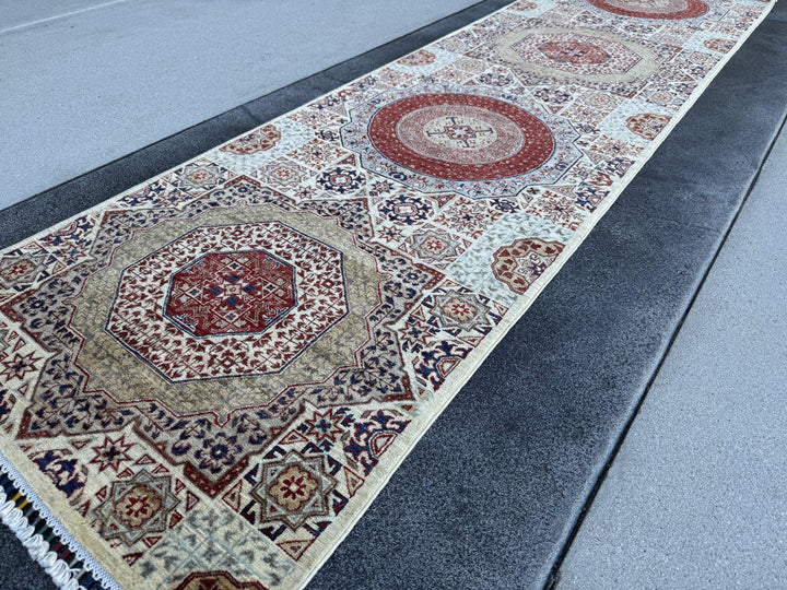 3x10 Handmade Afghan Wool Runner Rug | Cream and Rust Red Mamluk Medallion Hallway Runner | Olive and Navy | Hand-Knotted Fine Carpet